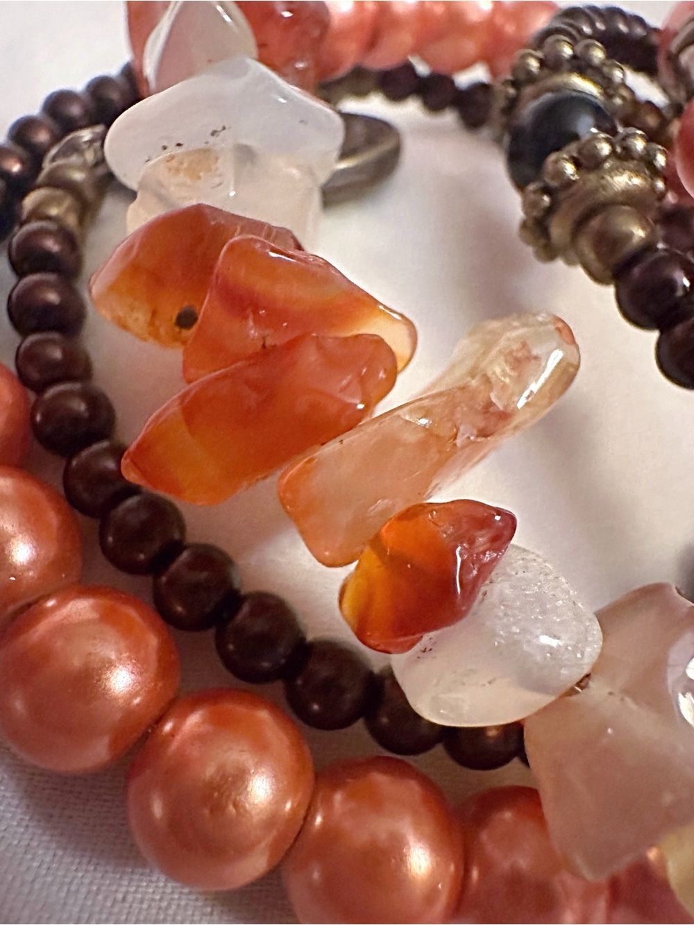 Beaded Carnelian and Pearl Bracelet Set - Orange